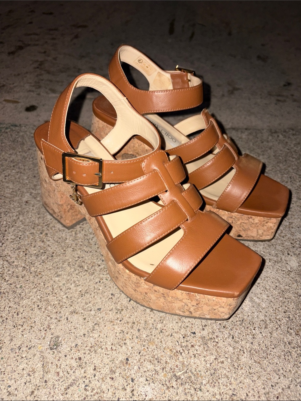 Jimmy Choo Tan Leather Cork Platform Sandals